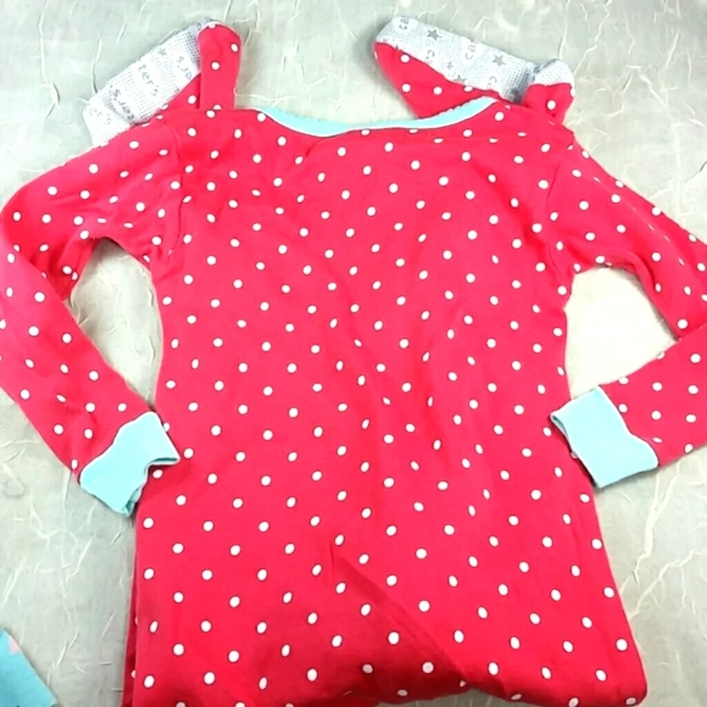 pajamas pj's footie 1 piece kitten kitty red pink polka dot Carters